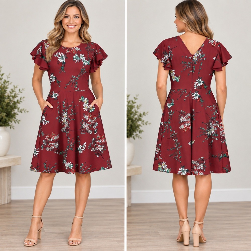 Helyo Fashion Burgundy Floral Flutter Sleeve Fit & Flare Dress with Pockets M